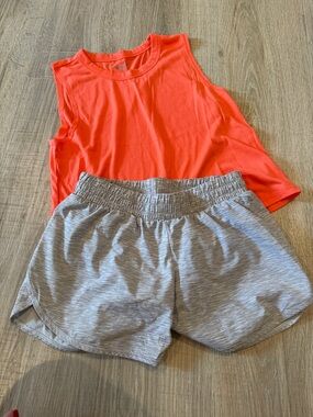 DSG Light Gray Athletic Shorts and orange tank from Old Navy